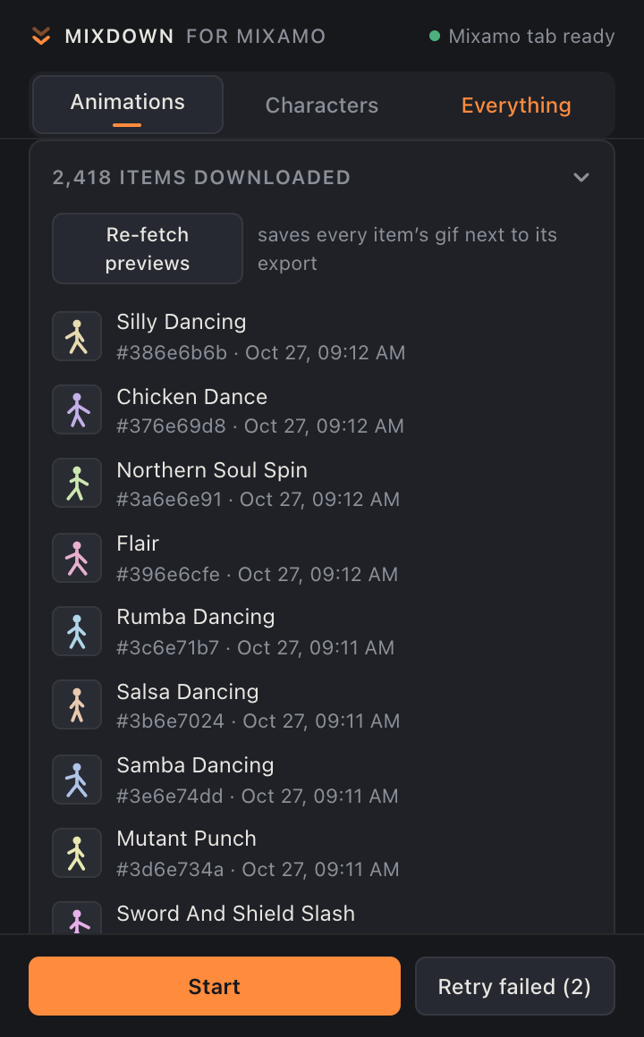 The downloaded list: each row shows the item name, its hash and the time it was saved.