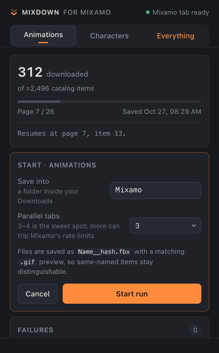 The start sheet: Save into Mixamo, Parallel tabs 3, Start run.